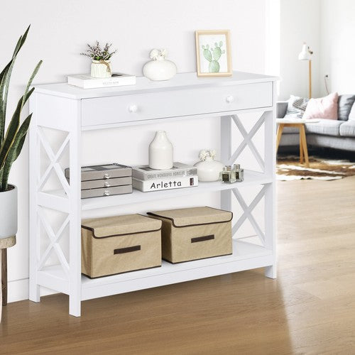Segawe 3 Tier X Shaped Entryway Console Table with Storage Drawer Multipurpose White