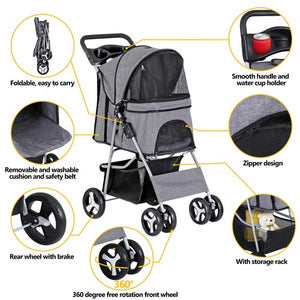 Segawe Foldable Carrier Strolling Cart 4 Wheel Pet Stroller for Dog w/ Cup Holder Gray