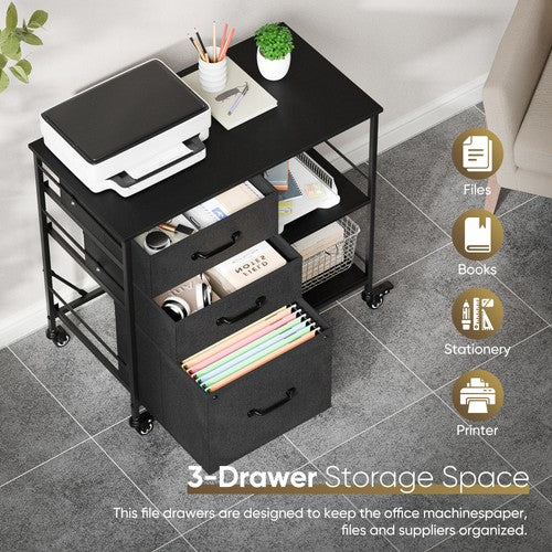 Segawe Black Mobile File Cabinet Lockable Filing Storage w/ 3 Drawers & Open Shelves
