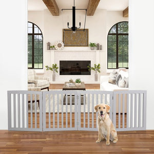 Segawe Freestanding 24" Pet Dog Gate 4 Panels Indoor Foldable Dog Fence for Stairs Grey