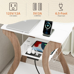 Segawe Set of 2 End Tables Accent Sofa Tables w/Curved Legs & Charging Station White