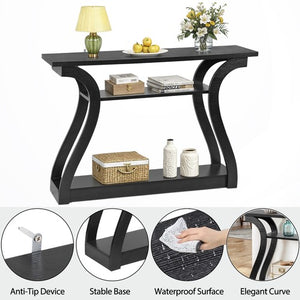 Segawe Wood Console Table 3 Tier Modern Accent Sofa Table with Curved Legs Shelf Black