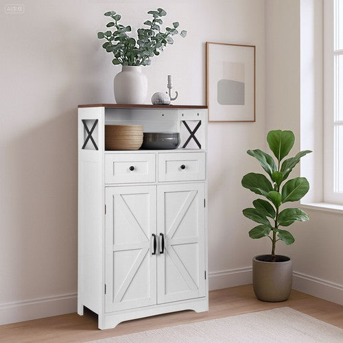 Segawe White Floor Cabinet Farmhouse Storage Cabinet with Doors and Drawer Freestanding