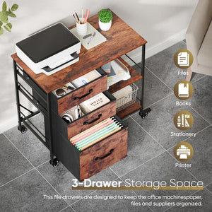 Segawe Mobile File Cabinet Wood Lateral Filing Cabinet w/3 Drawers and Open Shelf Brown