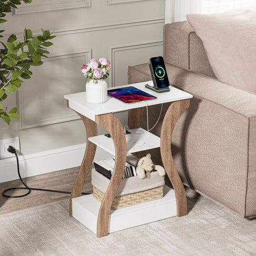 Segawe End Table 3 Tier Curved Leg Accent Sofa Table w/Charging Station USB Ports White