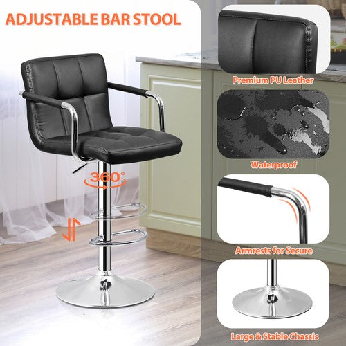 Segawe 2PCS Adjustable Bar Stools PU Leather Modern Dinning Chair with Armrest Black