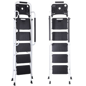 Segawe 5 Step Ladder Folding Steel Step Stoo w/Non-Slip Wide Pedal and Tool Tray White