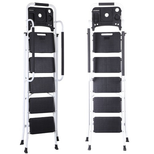 Segawe 5 Step Ladder Folding Steel Step Stoo w/Non-Slip Wide Pedal and Tool Tray White