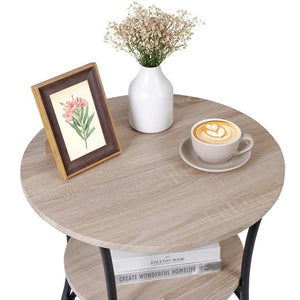 Segawe Round End Table w/ 2-Tier Storage Shelves Industrial Side Table for Living Room