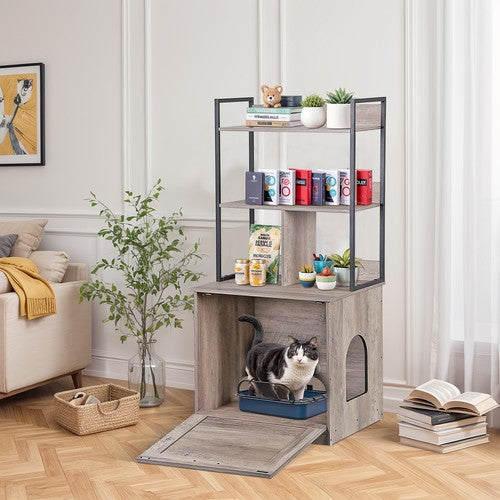 Segawe 50" Cat Litter Box Enclosure w/ Shelves 2-in-1 Hidden Litter Box Furniture Grey