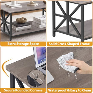 Segawe 2-Tier Center Coffee Table for Living Room w/Storage Shelf & Round Corners Grey