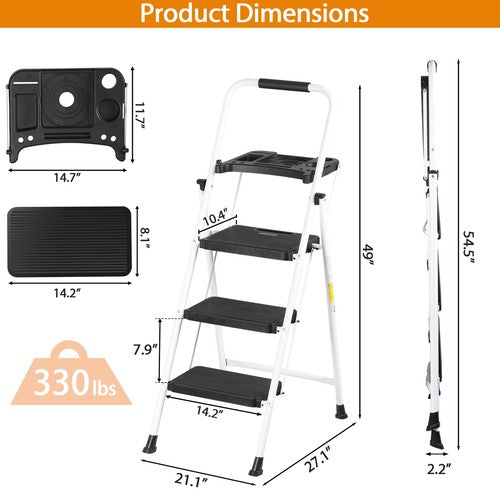 Segawe 3 Step Ladder with Tool Platform Folding Step Stool with Anti-Slip Pedal White