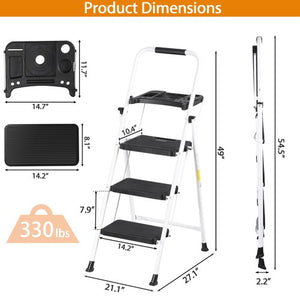 Segawe 3 Step Ladder with Tool Platform Folding Step Stool with Anti-Slip Pedal White