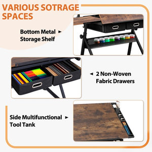 Segawe Drafting Table Drawing Desk Adjustable Tabletop w/Charging Station & Stool Retro