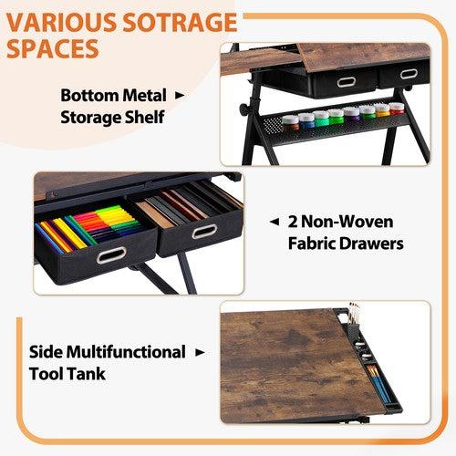 Segawe Drafting Table Drawing Desk Adjustable Tabletop w/Charging Station & Stool Retro