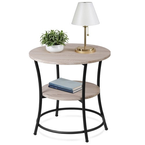 Segawe Round End Table w/ 2-Tier Storage Shelves Industrial Side Table for Living Room