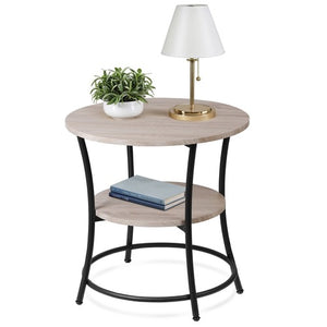 Segawe Round End Table w/ 2-Tier Storage Shelves Industrial Side Table for Living Room