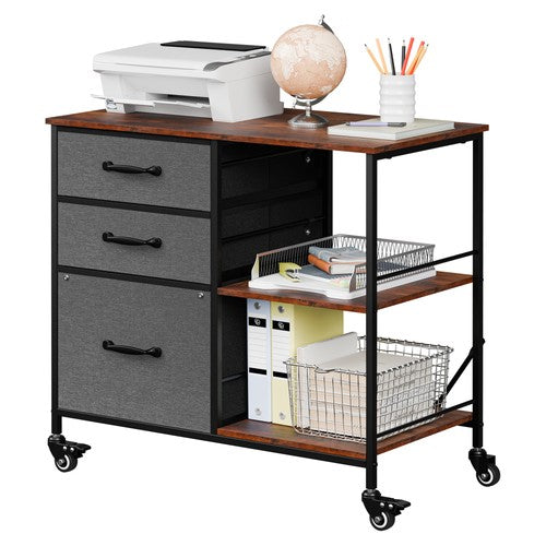 Segawe Mobile File Cabinet Wood Lateral Filing Cabinet w/Drawers & Open Shelf Dark Grey