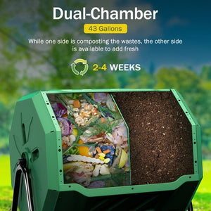 Segawe 43 Gals Outdoor Compost Tumbler Bin Green Dual Chamber Large Composter Tumbling
