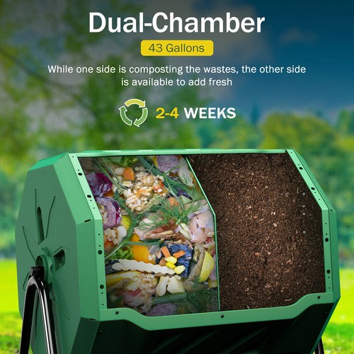 Segawe 43 Gals Outdoor Compost Tumbler Bin Green Dual Chamber Large Composter Tumbling
