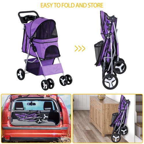 Segawe Pet Stroller 4 Wheels Dog Cat Stroller Foldable Pet Stroller w/Cup Holder Purple