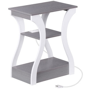 Segawe End Table with Storage Shelf and Charging Station for Living Room Gray+white