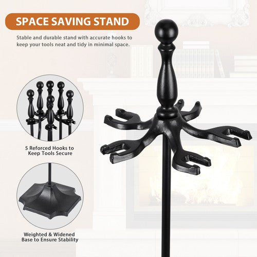 Segawe 5PCS Fireplace Tools Wrought Iron Large Fire Tool Set and Holder w/Black Handles
