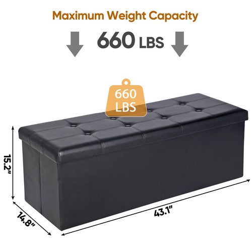 Segawe 43" Folding Storage Ottoman Bench Faux Leather Footrest Chest with Divider Black