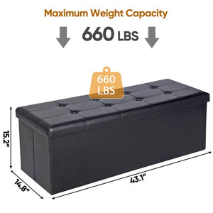 Segawe 43" Folding Storage Ottoman Bench Faux Leather Footrest Chest with Divider Black