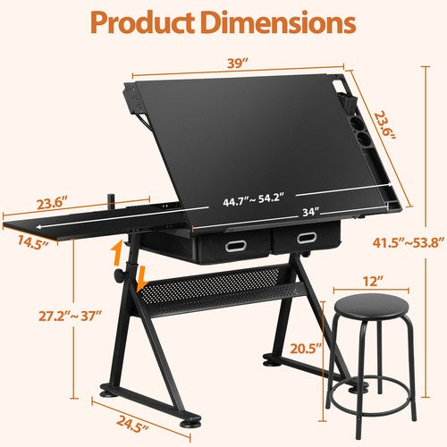 Segawe Drafting Desk Drawing Table Adjustable w/ Stool Arts & Charging Station Black