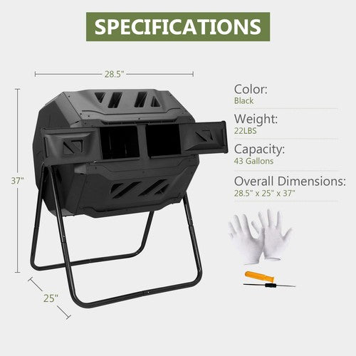 Segawe Chambers Composting Tumbler 43 Gallon Dual Outdoor Gardening Large Compost Bin