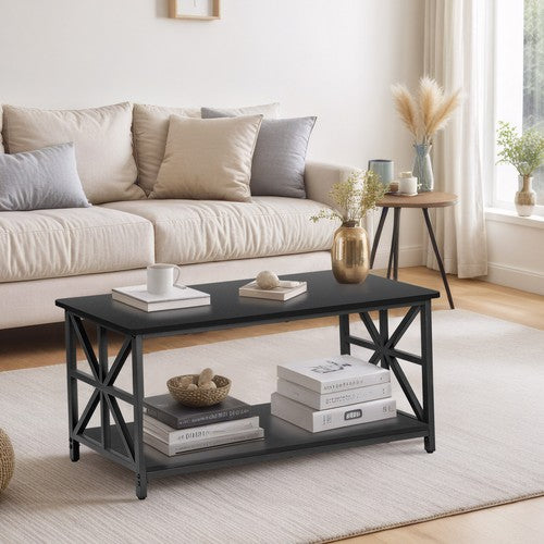Segawe Coffee Table for Living Room Rectangular Center Table with 2 Storage Shelf Black
