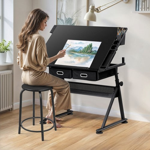Segawe Drafting Desk Drawing Table Adjustable w/ Stool Arts & Charging Station Black