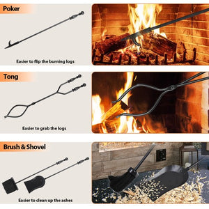 Segawe 5PCS Fireplace Tools Wrought Iron Large Fire Tool Set and Holder w/Black Handles