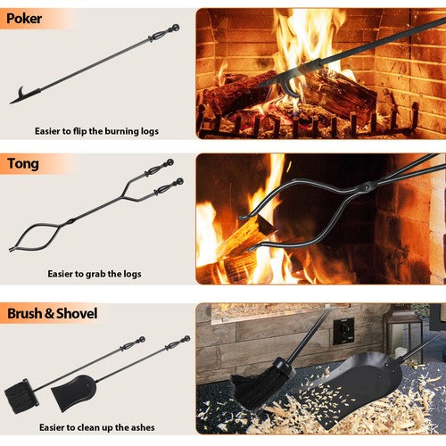 Segawe 5PCS Fireplace Tools Wrought Iron Large Fire Tool Set and Holder w/Black Handles