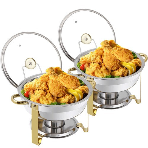 Segawe 2Pack 5QT Stainless Steel Chafing Dish Buffet Set Round Chafers w/Glass Lid Gold