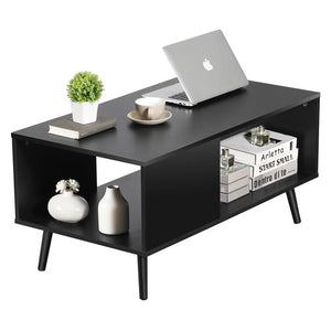Segawe Black Coffee Table Wood Frame End Storage Stand W/ Open Storage Shelf