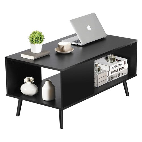 Segawe Black Coffee Table Wood Frame End Storage Stand W/ Open Storage Shelf