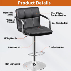 Segawe 2PCS Adjustable Bar Stools PU Leather Modern Dinning Chair with Armrest Black