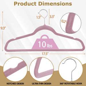 Segawe 100PCS Velvet Hangers Non-Slip Flocked Clothes Hangers w/ 360¡ã Swivel Hook Pink