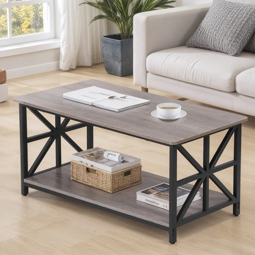 Segawe 2-Tier Center Coffee Table for Living Room w/Storage Shelf & Round Corners Grey