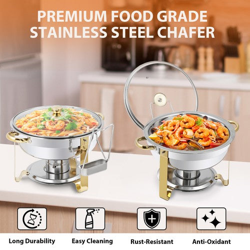 Segawe 2Pack 5QT Stainless Steel Chafing Dish Buffet Set Round Chafers w/Glass Lid Gold