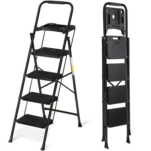 Segawe 4 Step Ladder with Tool Platform Anti-Slip Sturdy & Wide Pedal Stool 330lb Black