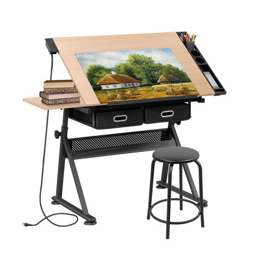 Segawe Drafting Drawing Table Tabletop Adjustable Height with Charge Outlet Natural