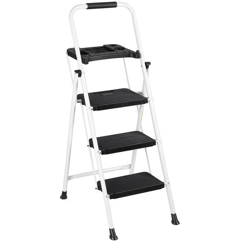 Segawe 3 Step Ladder with Tool Platform Folding Step Stool with Anti-Slip Pedal White