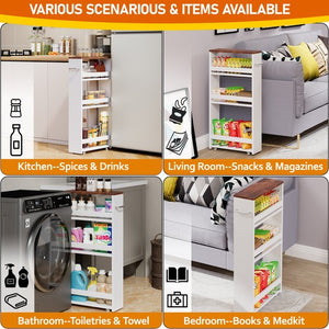 Segawe 4 Tier White Slim Storage Cart w/ Handle Slide Out Storage Rolling Utility Cart