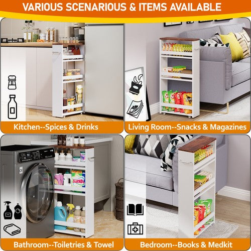 Segawe 4 Tier White Slim Storage Cart w/ Handle Slide Out Storage Rolling Utility Cart
