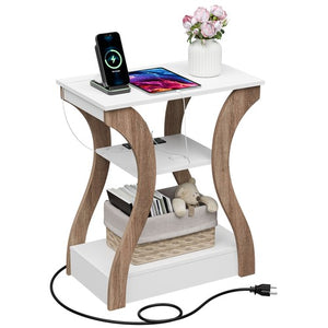 Segawe End Table 3 Tier Curved Leg Accent Sofa Table w/Charging Station USB Ports White