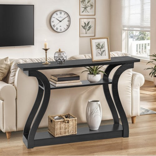 Segawe Wood Console Table 3 Tier Modern Accent Sofa Table with Curved Legs Shelf Black