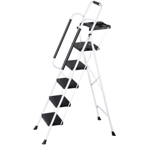 Segawe 5 Step Ladder Folding Steel Step Stoo w/Non-Slip Wide Pedal and Tool Tray White